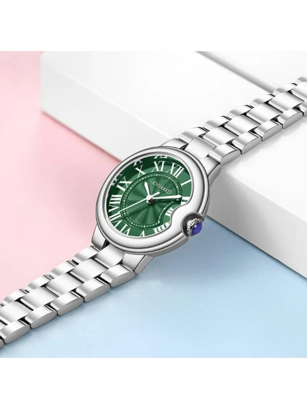 Women's Silver Green Roman Numerals Solid Vintage Stainless Steel Band Watches